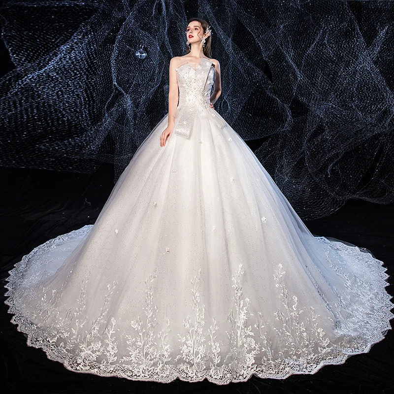 2022 Elegant Strapless Wedding Dress Luxury Lace Embroidery Sequin Wedding Gown Vestido De Noiva With Train Princess Bride Dress