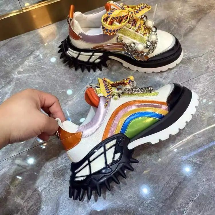 Women Shoes Spring Luxury Brand Fashion Designer Chunky Shoes Strange Heel High Thick Soled Sneakers Casual Chain Mixed Colours