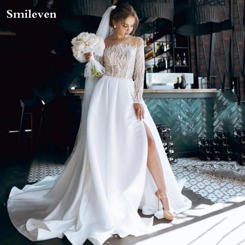 

Smileven Elegant Satin Wedding Dresses Long Sleeve Lace Bride Gown Side Split Wedding Gown Covered Back Vestido de novia 2021