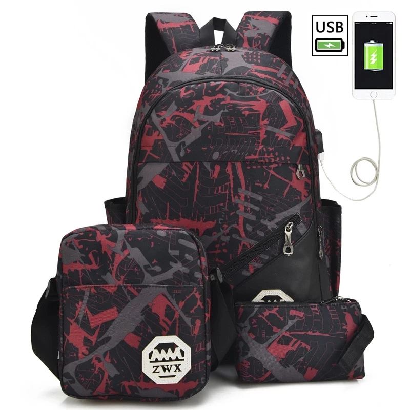 Conjunto de 3 unids/set de mochila USB para hombre y mujer, morral escolar de viaje, bolso de hombro para estudiante