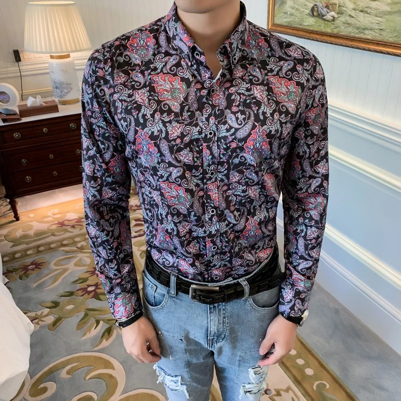 

Shirt Men Flower Retro Brand Casual Shirt Men 2020 Men Dress Shirt Floral Printing Long Sleeve Streetwear Top Vetement Homme