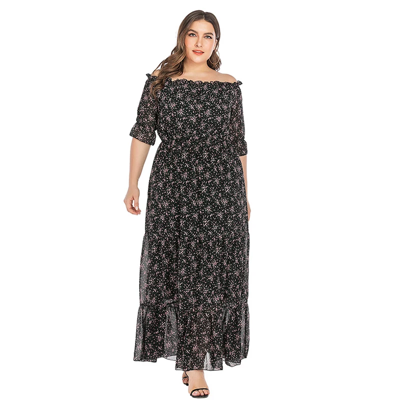 Mùa Hè 2022 Nữ Tay Ngắn Họa Tiết Hoa Dài ĐầM Nữ ĐầM Đầm Maxi Đen Plus Size Chém Cổ Áo dành Cho Nữ