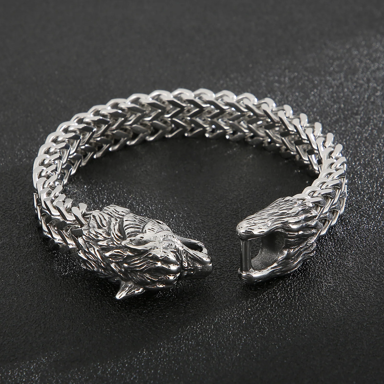 Fongten Wolf Head Animal Punk Men Bracelet Viking Retro Stainless Steel Wristband Charm Trendy Mesh Chain Bangle Jewelry image 5