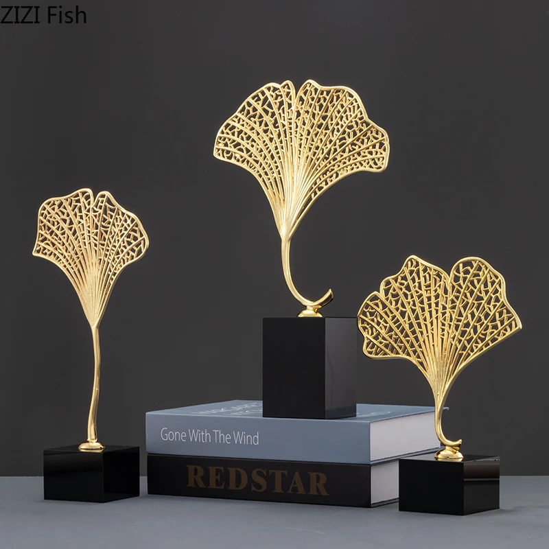 Creative Hollow Metal Ginkgo Leaf Figurines Living Room Office Furnishings Simulation Plant Crafts Modern Home Decor Accessories