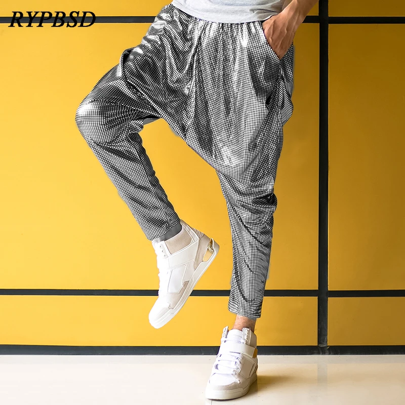 

Shiny Mens Baggy Harem Pants Fashion Nightclub Stage Jazz Dance Costumes Singer Drop Crotch Pants Men Joggers Hip Hop Trousers