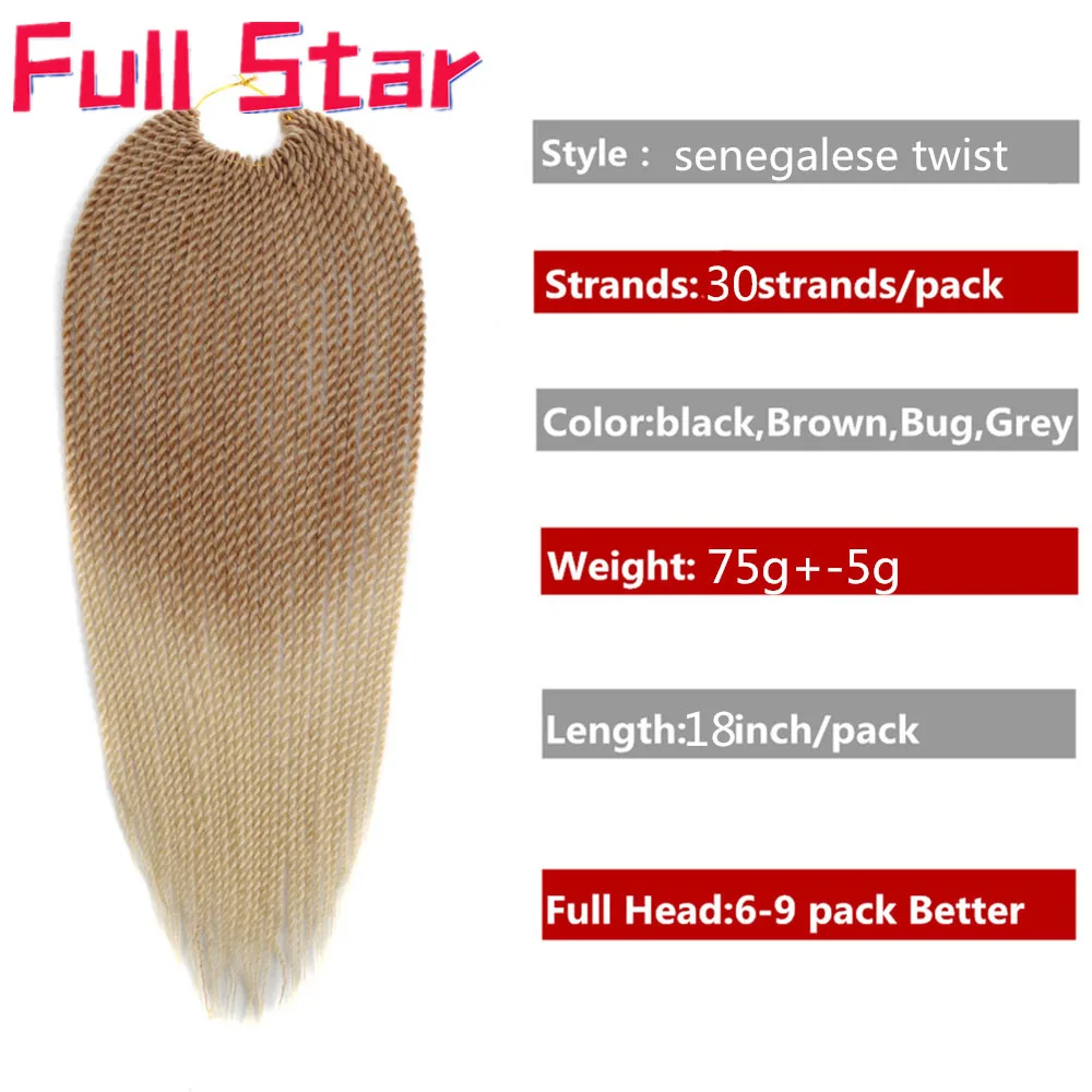 Full Star-Cabello sintético senegalés para trenzar, trenzas de ganchillo, 14 ", 18", marrón, negro, Ombre, cabello trenzado de Senegal