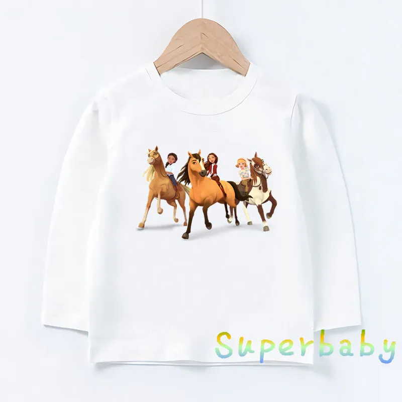 Lucky & Mustang Spirit Horse Cartoon Kids T-Shirts Funny Cute Baby Girls Clothes Autumn Children Long Sleeve T shirt Boys Tops