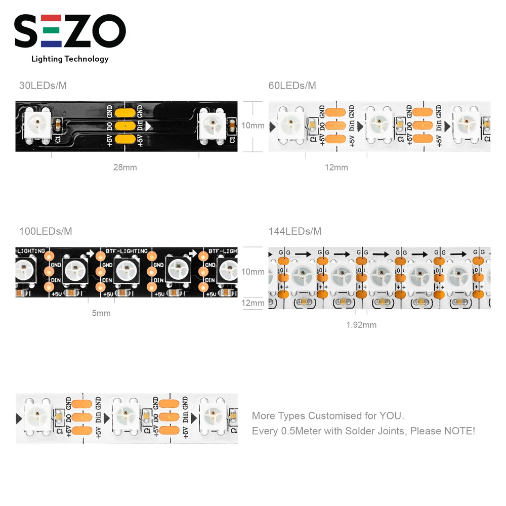 WS2812B Led Strip WS2812 RGB Individually Addressable Smart Led Lights Strip Black White PCB IP30/65/67 Waterproof 0.3W/LED DC5V