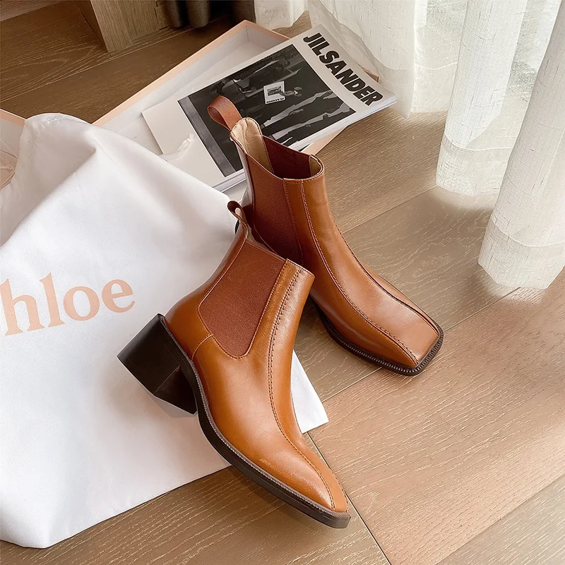 Women ankle Boots Cowhide natural leather plus size 22-26.5cm women shoes Europe and America Square toe chunky Chelsea boots