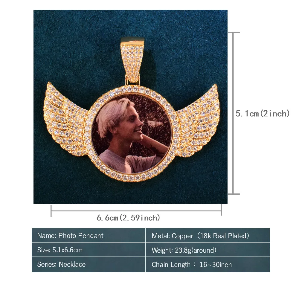 남성용 커스텀 라운드 엔젤 윙 사진 펜던트 목걸이, 솔리드 백 만들기, 메모리 서클 사진, 힙합 쥬얼리 체인