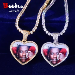Bubble Letter Custom Made Photo Heart Medallions Necklace & Pendant Solid Back Gold Color AAAAA Zircon Men Hip Hop Jewelry