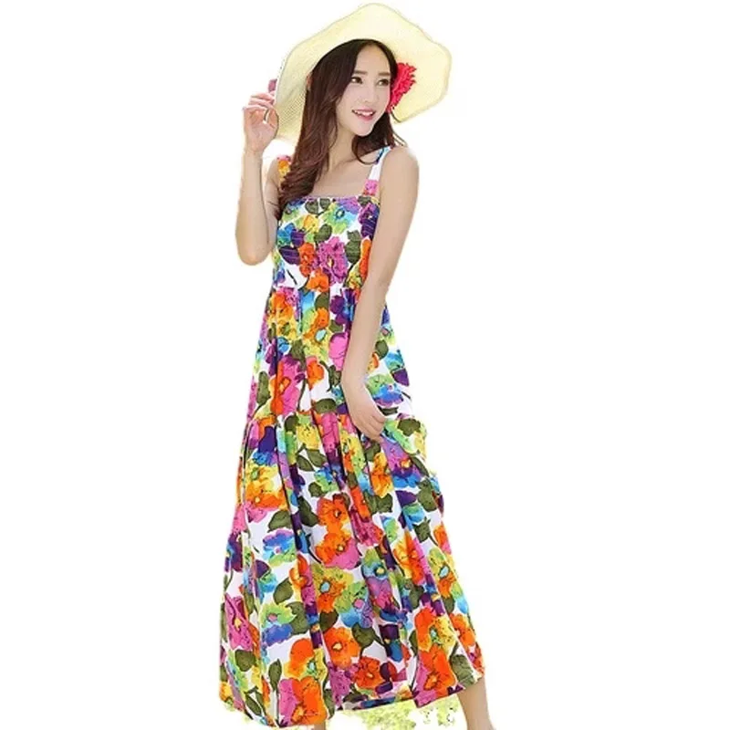 

2021 New Bohemia Square collar Floral Print Cotton Long Swing Dress Woman sleeveless Spaghetti strap Holiday Sexy Dresses