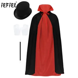 Boys Girls Magician Role Play Choir Jazz Stage Halloween Costumes Foam Lining Collar Cape with Hat Magic Wand And Gloves Set