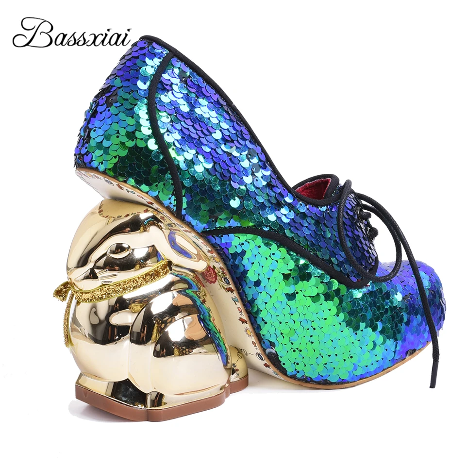 

Bling Sequins Wedding Shoes Bridal Lace-Up Round Toe Novelty Rabbit-Shaped Strange Heel 2024 Women Pumps