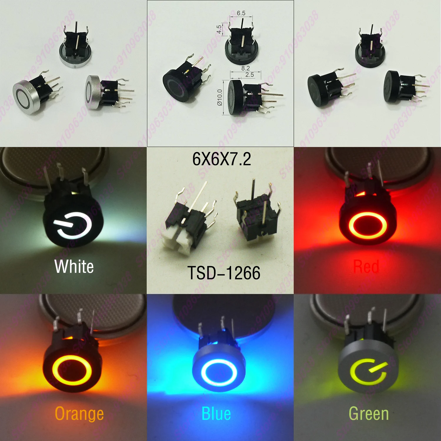 10PCS 6X6X7.2mm illuminated Momentary Tact Switch Button No Loacking 6Pin DIP LED 12V Mini Push Button Switch