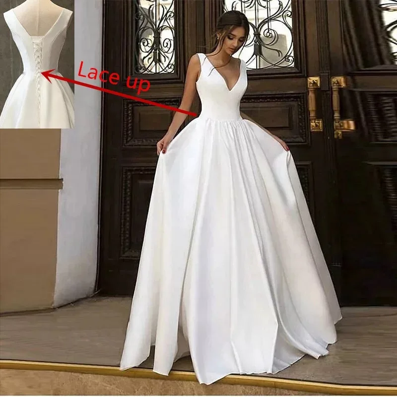 Sexy Satin V-ausschnitt Ärmellose Brautkleider свадебное платье Formale Hochzeit Brautkleider Vestidos De Novia Robe De Mariée