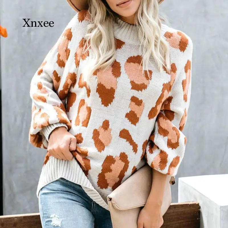 Fashion Leopard Print Contrast Color Lantern Sleeve Pullover Women's Sweater Autumn and Winter O-Neck Knitted Ladies Street Top