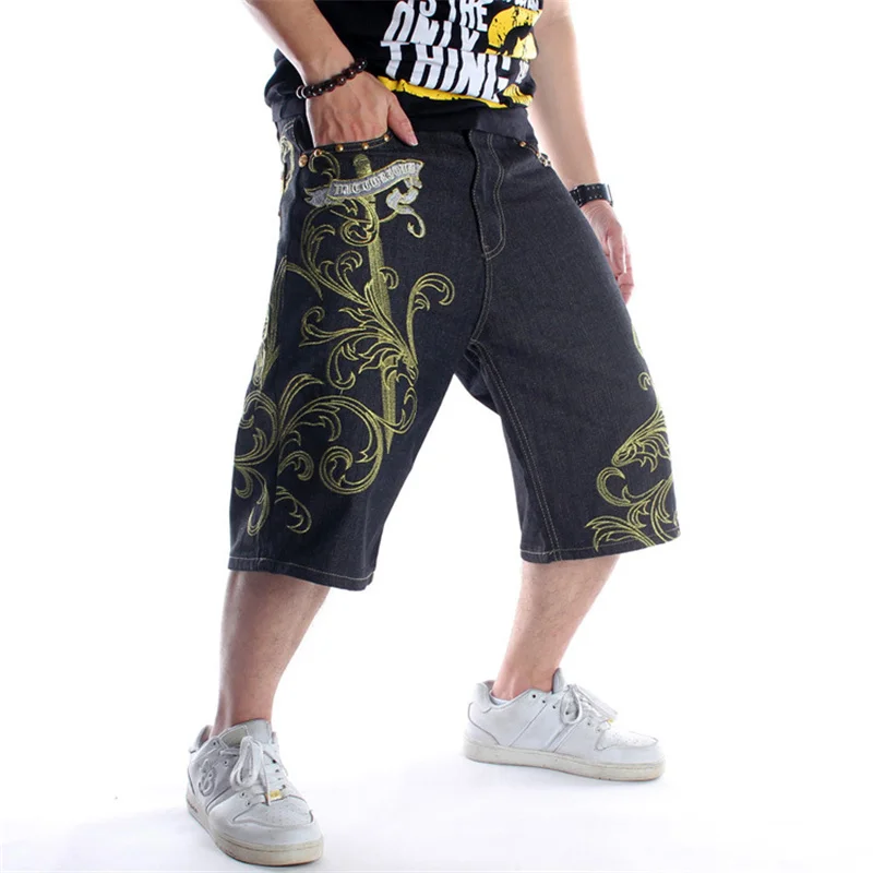 

Loose XL Denim Shorts Men's Youth Hip-hop Character Embroidery Medium Pants Tide Fashion Summer Trousers