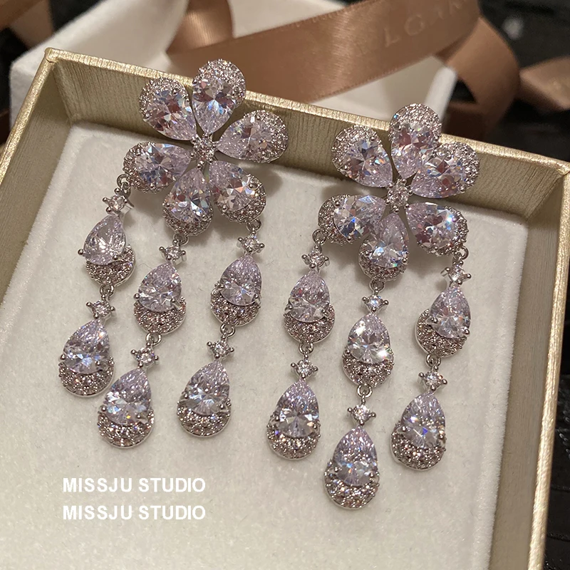 S925 Needles Drop Earrings For Women Long Flower Water Drop Cubic Zirconia Fine Jewelry Elegant Brincos Drop Shipping