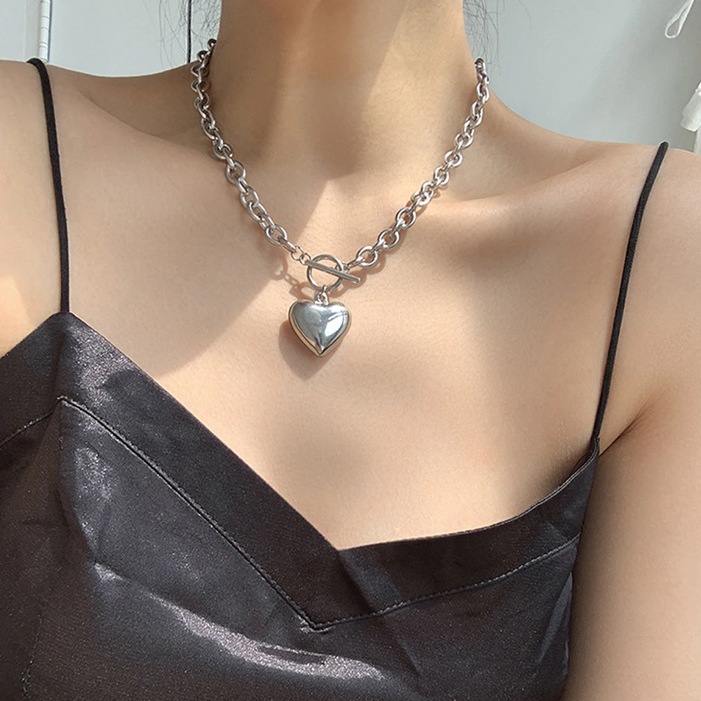 Punk Stainless Steel Long Thick Chain Toggle Heart Pendant Necklace For Women Men Goth Choker Necklaces 2024 Trend Neck Jewelry