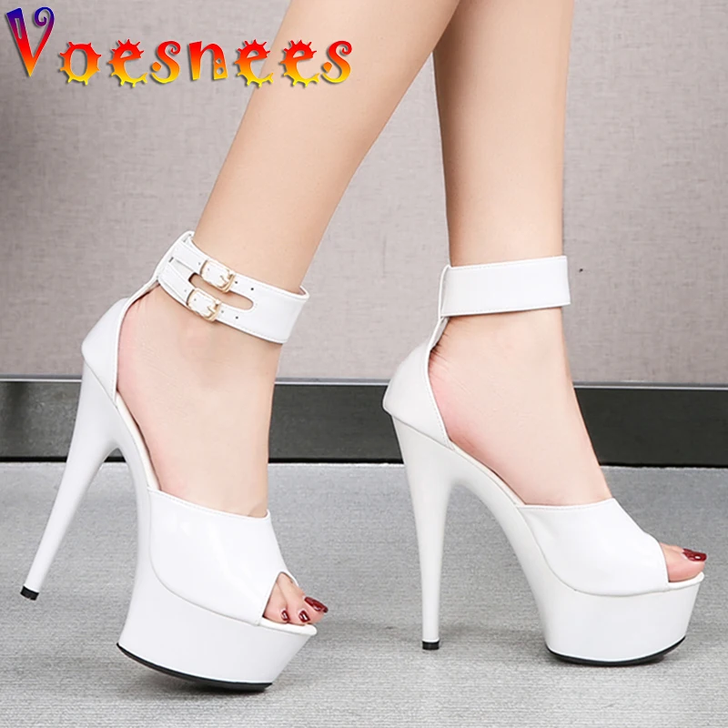 Voesnees Women Shoes Summer 2021 New Patent Leather Sandals Waterproof Platform Thin Heels Pole Dance Shoes Stripper High heels