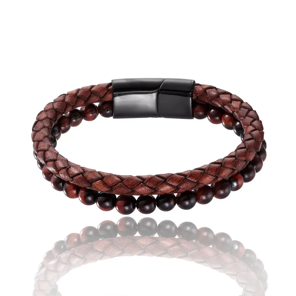 New Stainless Steel 6MM Natural tiger eye Beads Bracelet Weave Genuine Leather Stainless Steel Bracelet Women Men Wrist Band