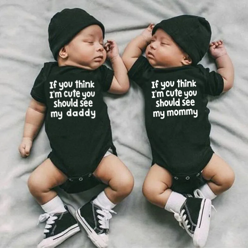 If You Think I Am Cute You Should See My Mommy/Daddy Cotton Short Sleeve Baby Bodysuits Cute Twins Newborn Boys Girls Clothes