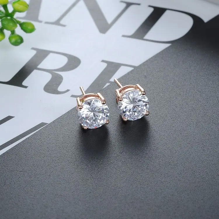 Wholesale Jewelry -- 4 Claws Single Round Clear CZ Stud Earrings for Women Rose Gold Color AAA+ Cubic Zircon