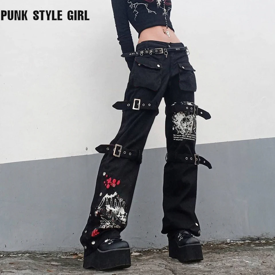 Calças góticas Emo Alt Cargo, Techwear, Calças Hippie Baggy Jeans