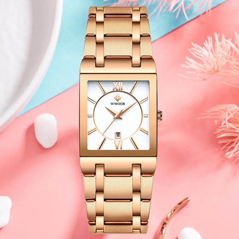 WWOOR-Montre carrée pour femme, nouveau design, marque supérieure, bracelet de luxe, en or rose, à la mode, horloge habillée, 2024