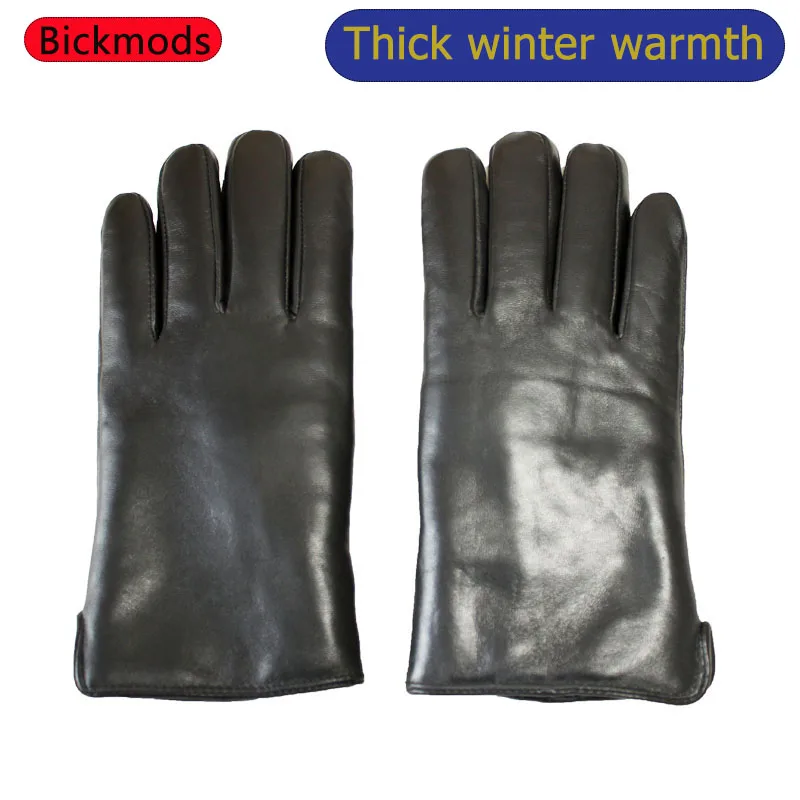 Winter Warm Sheepskin Leather Gloves Men\'s Black Thick Sheepskin Fur Lined Outdoor Windproof and Cold Protection Gloves