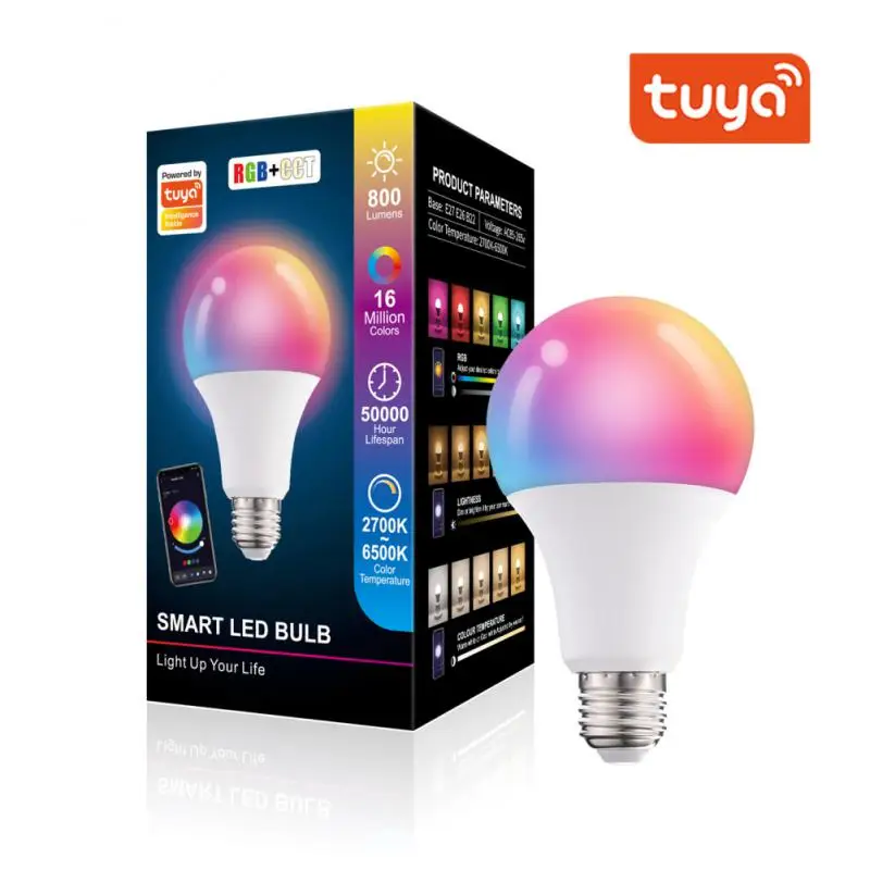 Bombilla Led inteligente Tuya con Bluetooth, lámpara inteligente de 10W E27 B22 RGBW, lámpara Led que cambia de Color RGB + CCT, funciona con puerta de enlace Bluetooth