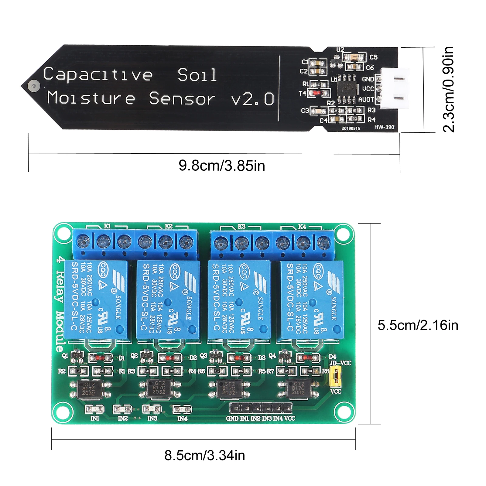 4pcs Capacitive Soil Moisture Sensor 4Channel 5V Relay Module and 4pcs Water Pump + 4M Vinyl Tubing for  Moisture Detecti