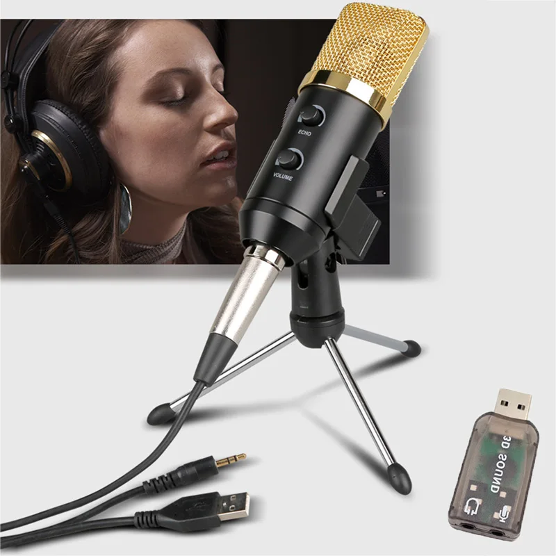 Microfono a condensatore per Computer Audio cablato 3.5mm Studio cardioide Pick-Up Mic con supporto per treppiede e adattatore Audio USB F100TL
