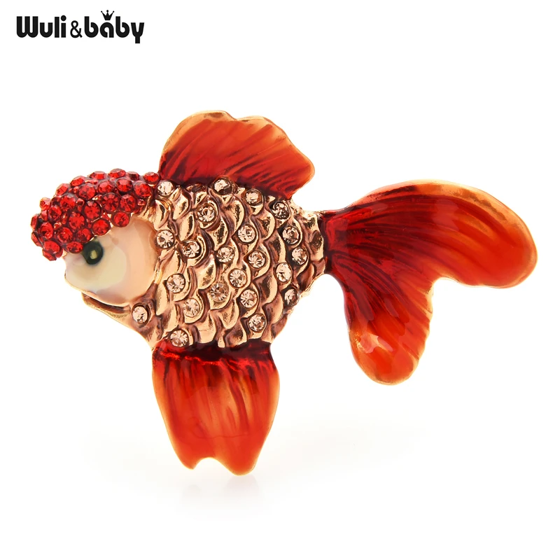 Wuli&baby Wear Red Hat Goldfish Brooches For Women Men New 2-color Rhinestone Enamel Cute Sea Fish Banquet Brooch Pin Gifts