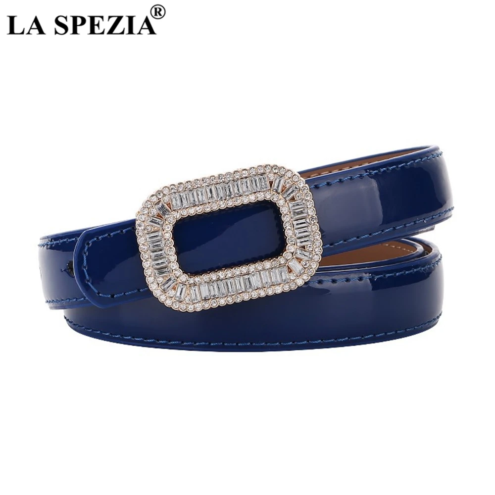 LA SPEZIA Blue Patent Leather Women Belt Rhinestone Buckle Waist Belt Thin Ladies Belts for Dress Fashion Brand Accessories