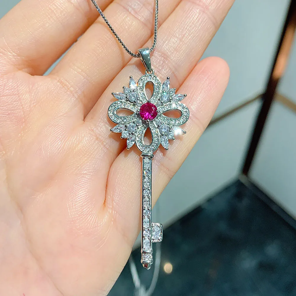 

New Unique Lab Diamond Ruby Key Pendant Necklace for Women Wedding Party Fine Jewelry Statement Anniversary Gifts Accessories