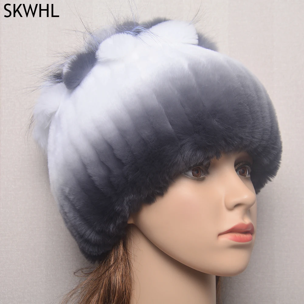 

2024 Handmade Knitted Women 100% Real Rex Rabbit Fur Hat Top Fox Fur Flowers Caps Winter Warm Luxury Genuine Rex Rabbit Fur Hat