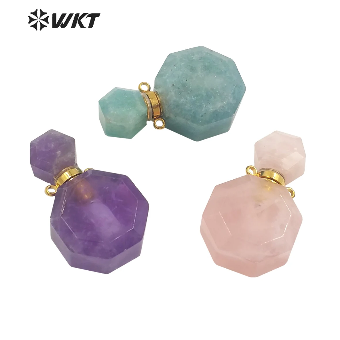 

WT-P1759 WKT Hot Sale! Natural Stone Perfume Bottle Pendant Pink Quartz Amethysts Amazonites Pendant Jewelry Necklace Accessory