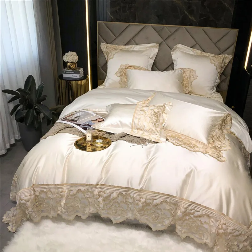 Chic Flowers Wide Lace Duvet Cover Satin+Egyptian Cotton Beige Pink Bedding Comforter Cover Bed Sheet Ultra Soft Silky 4/7Pcs