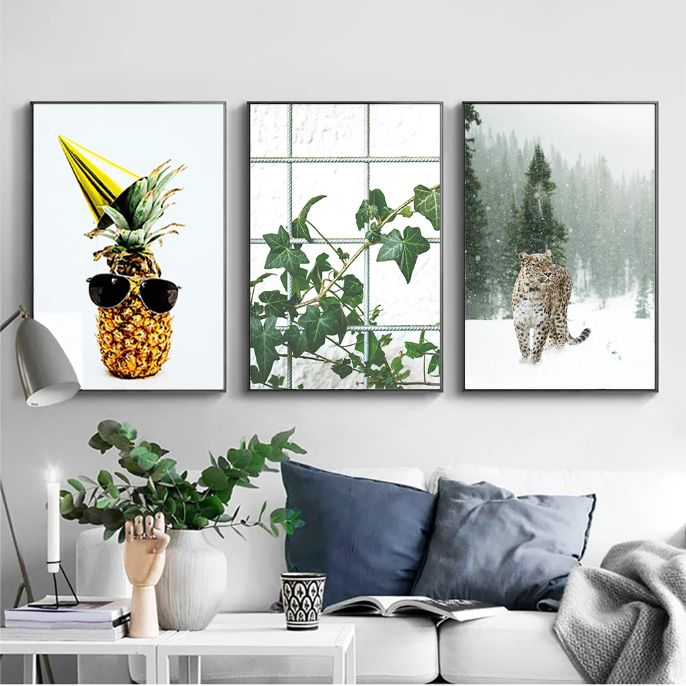 Canvas Paintings Wall Art Pineapple In Sunglasses Plants and Leopard Pictures for Living Room Office Looks Radiant Home Decor