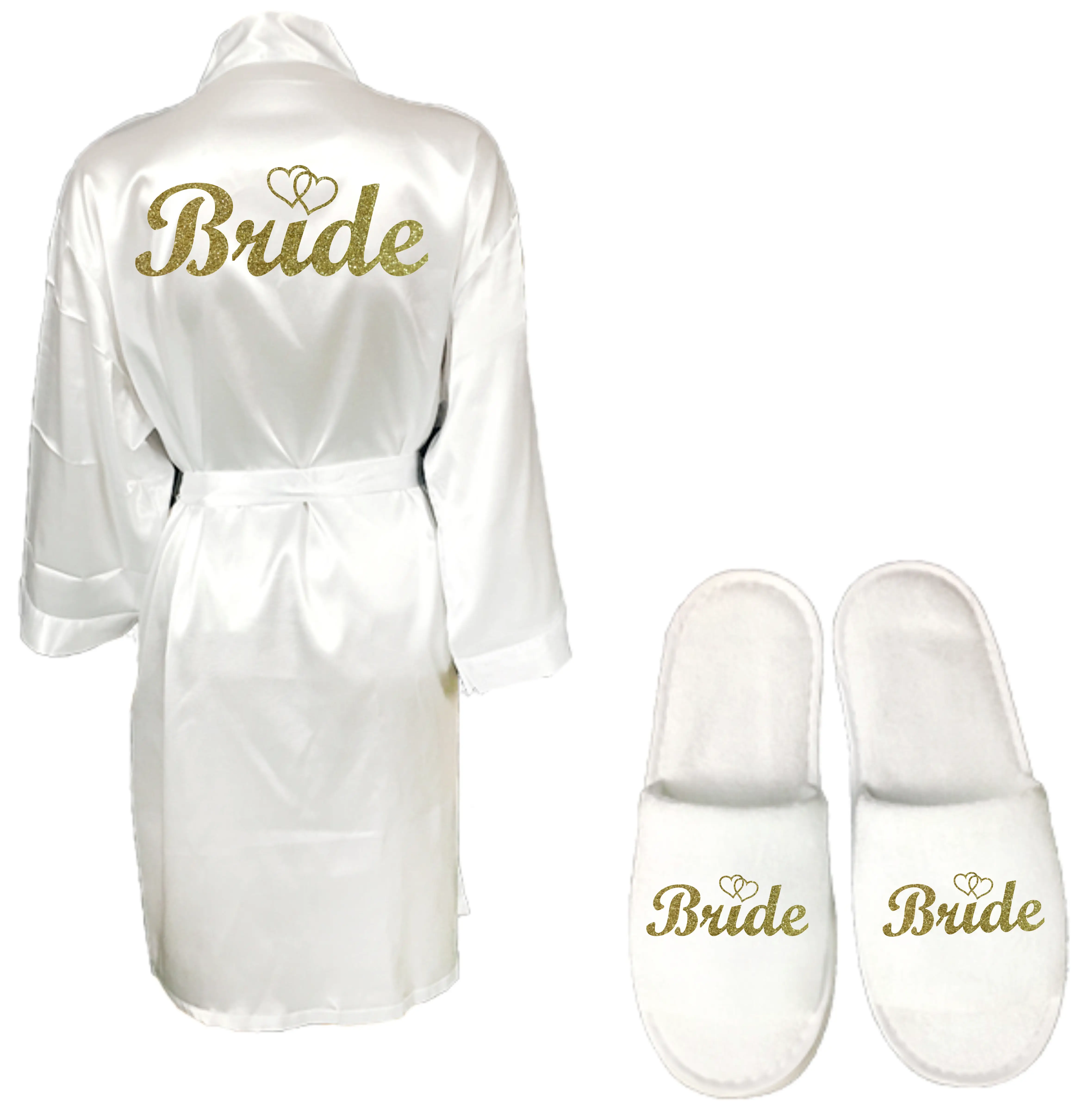 PARARTDIY 3pc set of glitter gold bride satin short bride robe slippers bridal sash peignoir women Bridal Party 2019 kimono robe