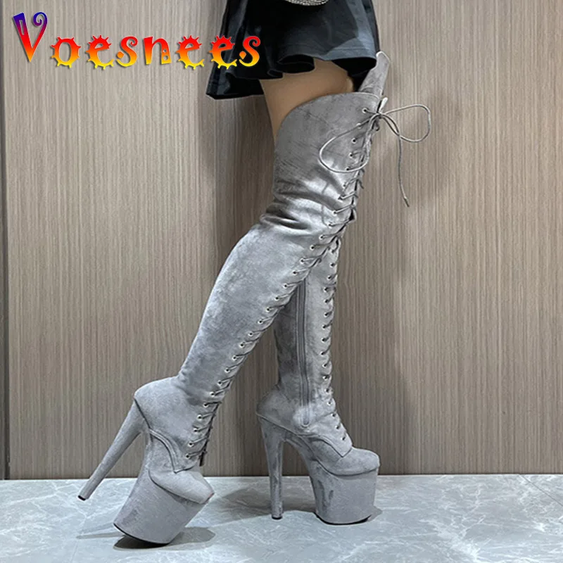 European American Style Fashion Flock High Heel Lace Up Long Tube Over-the-Knee Boots 20CM Ultra-high Platform Pole Dance Shoes