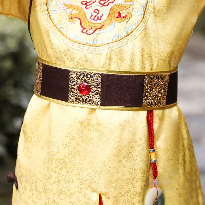 Chinese Boys Traditional Autumn Winter Yellow Embroidery Hanfu Children New Year Tang Suit Stage Performance Emperor Costumes