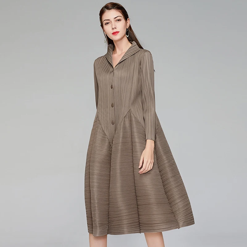 

HOT SELLING Miyake fashion solid color dress stand collar long sleeve button bud dress HOT SELLING
