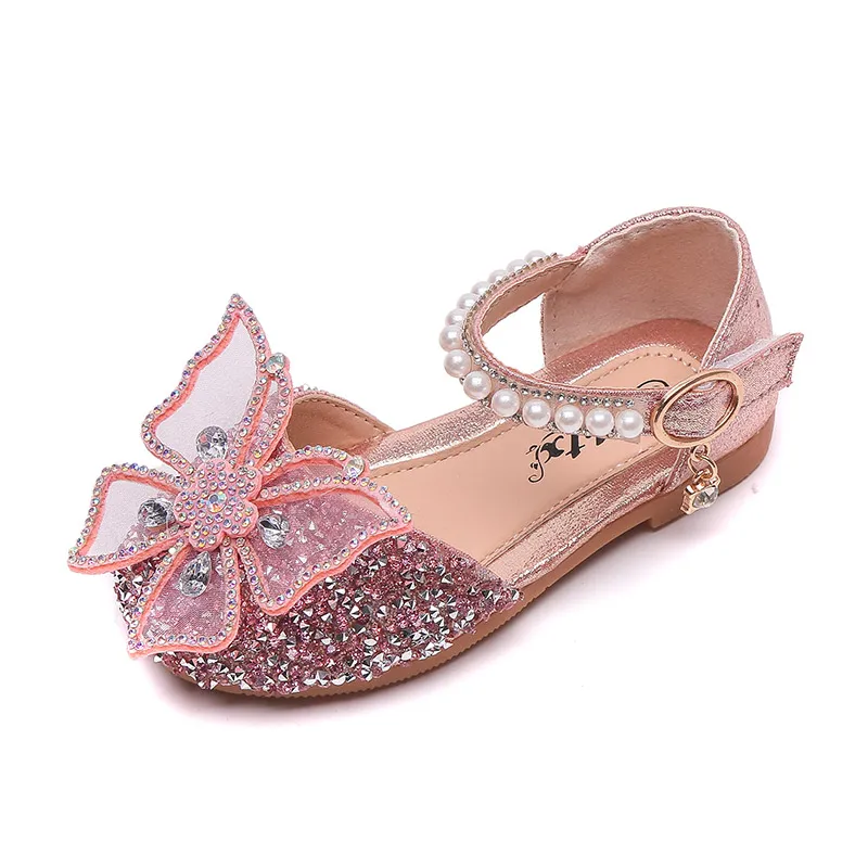 Summer Girls Shoes New Princess Kids Sandals Bling Dance Party Shoes Pearls Bow Kids Child Flats Sandals E800