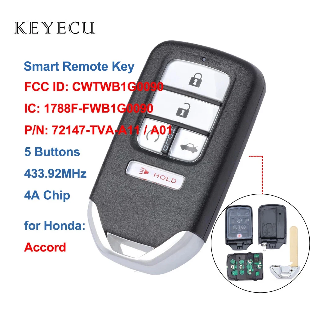 

Smart Remote Car Key Fob Replacement 5 Buttons 433MHz 4A Chip for Honda Accord 2018 2019 2020 CWTWB1G0090 72147-TVA-A11 / A01