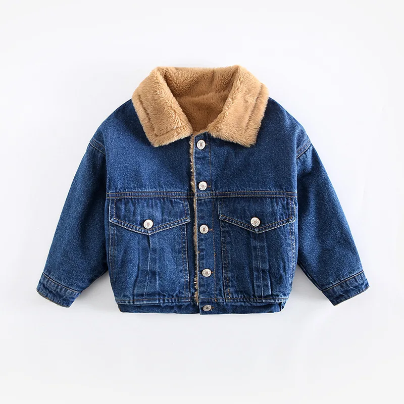 

Cowboy Winter Boys Denim Jacket Fleece Thickening Kids Jean Coat Turn-down Collar Children's Clothing