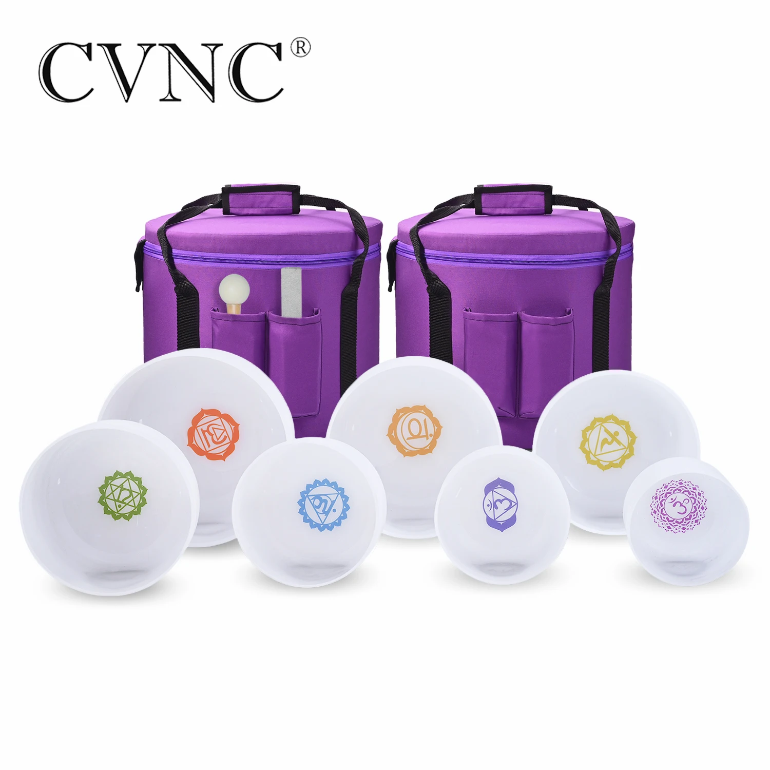 

CVNC 8 -14" Chakra Design Frosted Quartz Crystal Singing Bowl set 7 PCS for Sound Healing with Free 13" and 14" Carry Bags