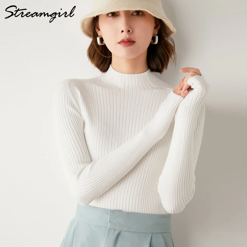 White Turtleneck Sweater Women\'s Thin Jumper Autumn Winter 2021 Long Sleeve Knit Pullovers Blue Women\'s Turtleneck Sweaters Warm